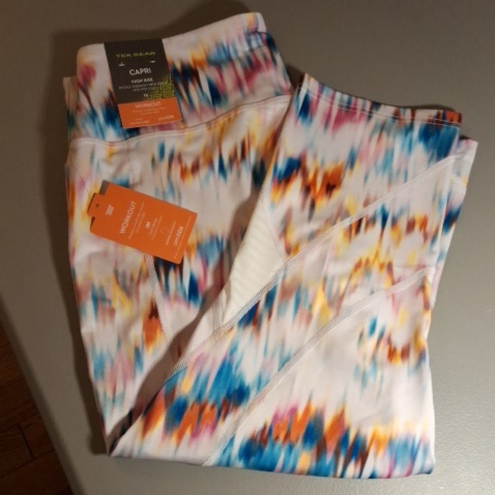 Tek Gear White Leggings with Blue, Orange, Pink and Yellow Abstract Print